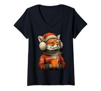 Donna Cozy Fox con Occhiali da Sole paraorecchie Animale Divertente Amante del caffè Maglietta con Collo a V