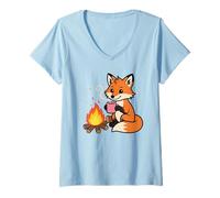 Donna Cozy Fox di Campfire con Hot Chocolate Cartoon Maglietta con Collo a V