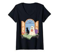 Donna Cozy Ghost Book Lover Spooky Season Reading Nook Maglietta con Collo a V