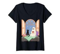 Donna Cozy Ghost Book Lover Spooky Season Reading Nook Maglietta con Collo a V