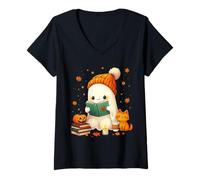 Donna Cozy Ghost Bookworm Cat Pumpkin Libri Carini per Halloween Maglietta con Collo a V