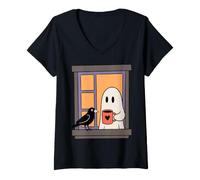 Donna Cozy Ghost Coffee Crow Window Halloween Spooky Season Maglietta con Collo a V