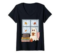 Donna Cozy Ghost Rainy Day Reading Cat Coffee Lover Halloween Maglietta con Collo a V