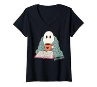Donna Cozy Ghost Reading Book Coffee Lover Bookish Spooky Season Maglietta con Collo a V