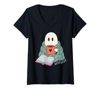 Donna Cozy Ghost Reading Book Coffee Lover Bookish Spooky Season Maglietta con Collo a V