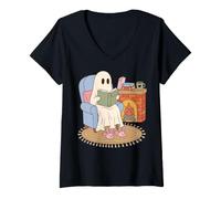 Donna Cozy Ghost Reading Book Fireplace Bunny Slippers Maglietta con Collo a V