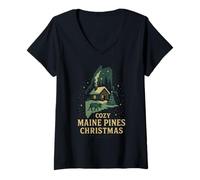 Donna Cozy Maine Pines Camicia Cabin Moose Christmas Night Me State Maglietta con Collo a V