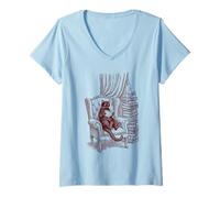 Donna Cozy Poltrona Nero Cat Book Lover Candlelight Library Maglietta con Collo a V