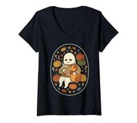 Donna Cozy Sad Ghost Guinea Pig Autunno Autunno Halloween Coffee Lover Maglietta con Collo a V