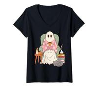 Donna Cozy Sheet Ghost Reading Nook Halloween Fall Vibes Maglietta con Collo a V
