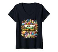 Donna Crafting Is My Happy Place Creativo Hobby Statement Design Maglietta con Collo a V