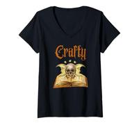 Donna Crafty Witch Core Crescent Moons Skull Magia Libro degli incantesimi Maglietta con Collo a V