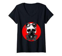 Donna Cranio in Maschera Antigas e Occhiali Steampunk Horror Halloween Maglietta con Collo a V