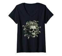 Donna Cranio Medusa Mitologia Greca Gorgone Serpente Capelli Cranio Gotico Maglietta con Collo a V