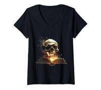 Donna Cranio Volto Anatomia Fantasia Motivo Art Skull Maglietta con Collo a V