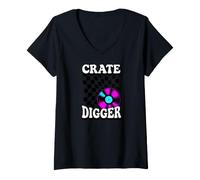 Donna Crate Digger Retro Vinyl Record Collector Audiophile DJ Maglietta con Collo a V
