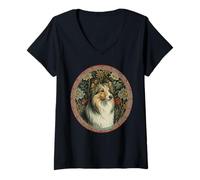 Donna Cravatta Floreale Vintage Shetland Sheepdog Maglietta con Collo a V