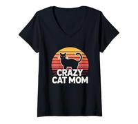 Donna Crazy Cat Mom Maglietta con Collo a V