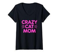 Donna Crazy Cat Mom Maglietta con Collo a V