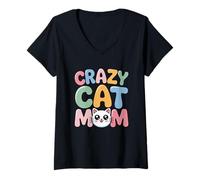 Donna Crazy Cat Mom Maglietta con Collo a V