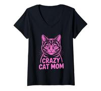 Donna Crazy Cat Mom Maglietta con Collo a V
