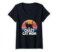 Donna Crazy Cat Mom Maglietta con Collo a V