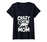 Donna Crazy Cat Mom Maglietta con Collo a V
