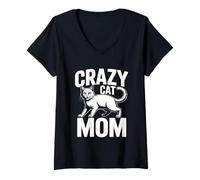 Donna Crazy Cat Mom Maglietta con Collo a V
