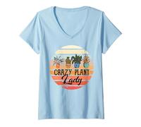 Donna Crazy Plant Lady Retro Tramonto Pianta D'appartamento Giardiniere Boho Maglietta con Collo a V