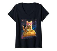Donna Crazy Space Taco Cat Astronauta Cat Ride Tacos Cinco De Mayo Maglietta con Collo a V