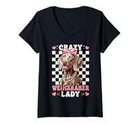 Donna Crazy Weimaraner Lady Funny Weimaraner Dog Coquette Bow Rosa Maglietta con Collo a V
