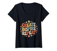 Donna Create Inspire Repeat Motivation Maker Mindset - Maglietta con Collo a V
