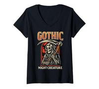 Donna Creatura Notturna Grim Mietitore Scuro Horror Scheletro Art Maglietta con Collo a V