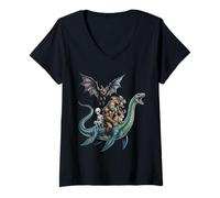 Donna Creature Leggendarie Cavalcando Loch Ness Mostro Insieme Maglietta con Collo a V