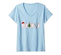 Donna Credere Scritto con Albero di Natale e Corna di Renna Meme Maglietta con Collo a V