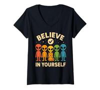 Donna Credi in te stesso, amante dei gatti, alieno, retrò, alieno, LGBTQ Pride Maglietta con Collo a V