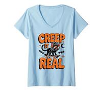 Donna Creep It Real Halloween Cat Skateboard Divertente Costume spettrale Maglietta con Collo a V