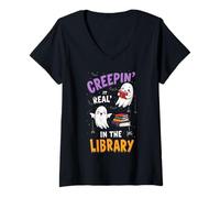 Donna Creepin It Real in The Library Funny Book Lover Halloween Maglietta con Collo a V