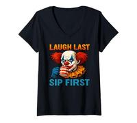Donna Creepy Clown Coffee Meme - Ridere lultimo sorso Prima Maglietta con Collo a V