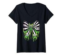 Donna Creepy Cute Green Slime Skull Bow Halloween Gothic Estetica Maglietta con Collo a V