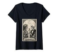 Donna Creepy Cute Skeleton Coppia Appena Sposato Festa di Halloween Maglietta con Collo a V