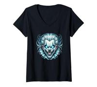 Donna Creepy Evil Clown Occhi Blu Brillante Maglietta con Collo a V