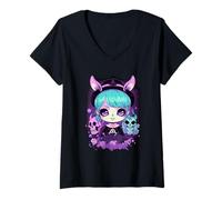 Donna Creepy Kawaii Pastel Goth Girl Whimsigoth Teschi & Fiori Maglietta con Collo a V