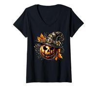 Donna Creepy Pumpkin Face with Witch Hat for Goth Halloween Lover Maglietta con Collo a V