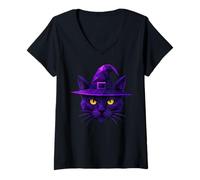 Donna Creepy Witch Cat Geometrico Basso Poly Halloween Wicca Maglietta con Collo a V