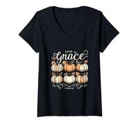 Donna Crescere in Grace Zucche Autunno Ringraziamento Cristiano Religioso Maglietta con Collo a V