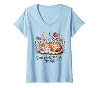 Donna Crescere Piante Pet Cats Love Life Carino Giardinaggio Amante Gatto Maglietta con Collo a V