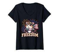 Donna Criceto aviatore patriottico con occhiali da sole e sciarpa bandiera Maglietta con Collo a V