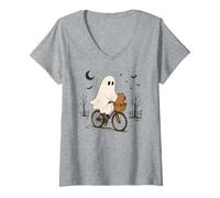 Donna Criceto Fantasma in Bicicletta Halloween Notte Giro Maglietta con Collo a V