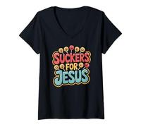 Donna Cristiani Suckers For Jesus Fede Allegra Maglietta con Collo a V